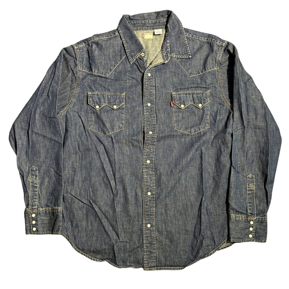 Levis Mens XL Blue Denim Western Long Sleeve Pearl Snap Shirt Medium Wash Cotton